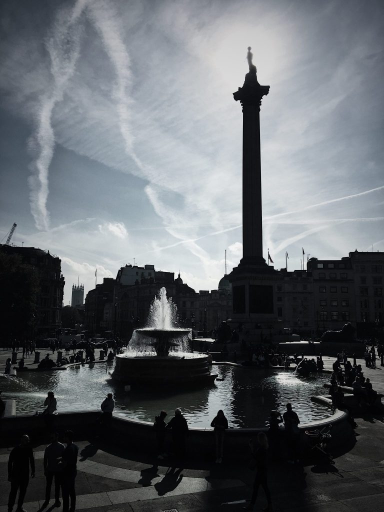 Trafalgar Square and Nelson column in the sun